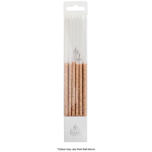 CANDLES SLIM GLITTER DIPPED ROSE GOLD 12PK - WISH