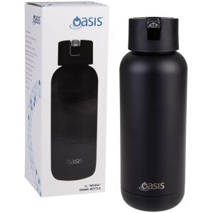 WATER BOTTLE MODA CERAMIC LINED 1LTR BLACK - OASIS