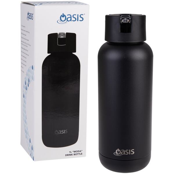 WATER BOTTLE MODA CERAMIC LINED 1LTR BLACK - OASIS