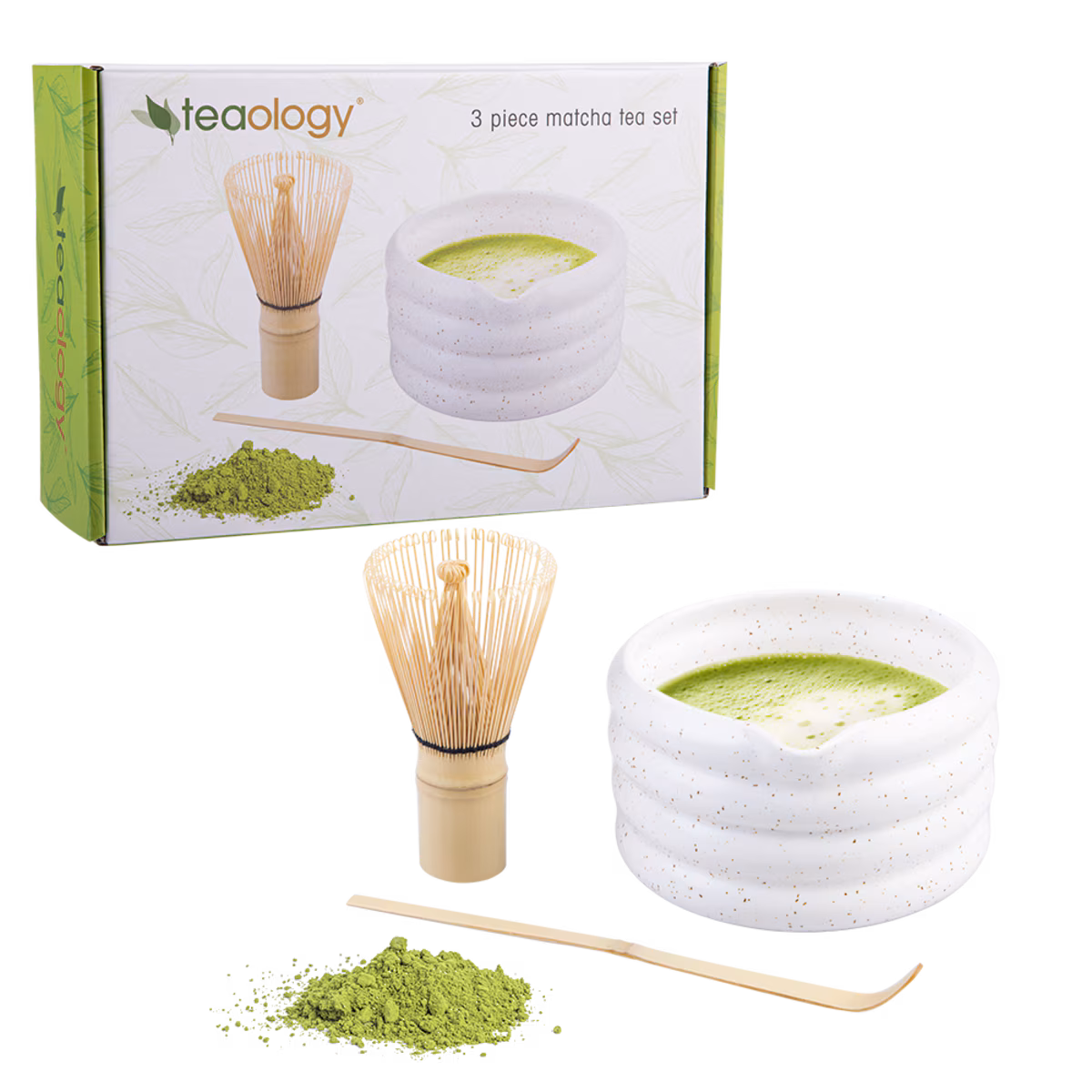 TEAOLOGY 3PC MATCHA TEA SET WHITE SPECKLE - TEAOLOGY